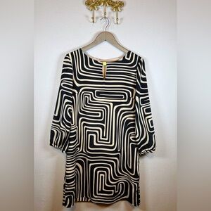 Tahari Black and Cream Geometric Midi Dress. Gold Detsiling. Size 6